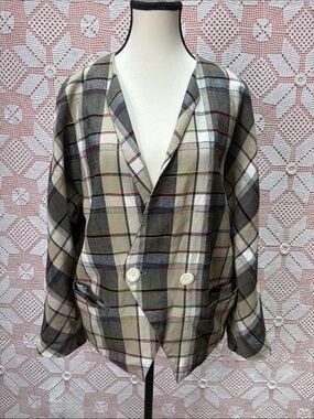 Vintage Simon Chang Plaid Linen Blend Jacket Sz 8